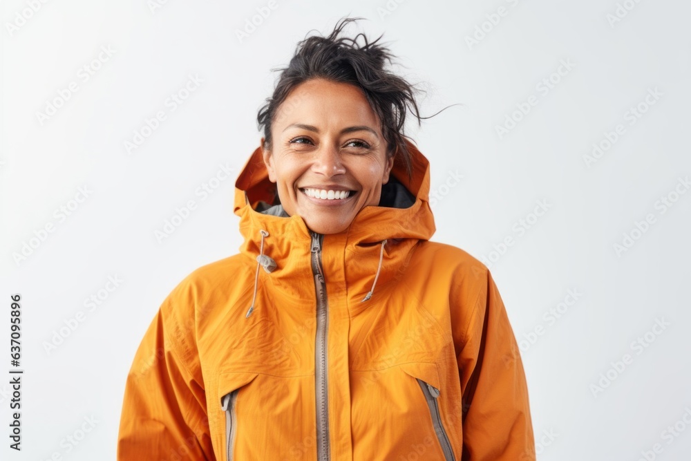 Medium shot portrait of an Indian woman in her 40s wearing a warm parka against a white background Medium shot portrait of an Indian woman in her 40s wearing a warm parka against a white background