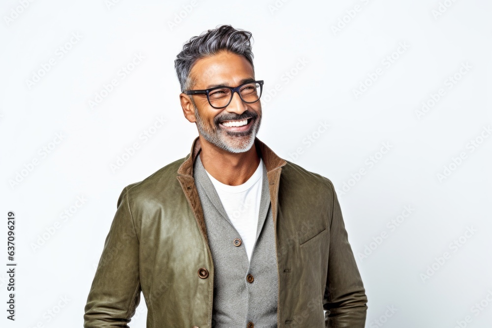 Lifestyle portrait of an Indian man in his 40s against a white background Lifestyle portrait of an Indian man in his 40s against a white background