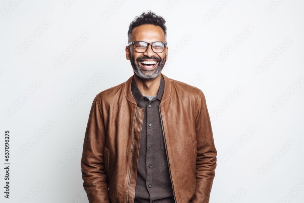Obraz premium Lifestyle portrait of an Indian man in his 40s against a white background