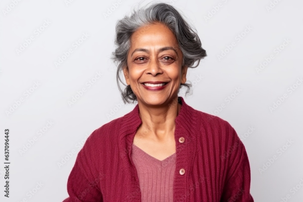 Medium shot portrait of an Indian woman in her 50s against a white background Medium shot portrait of an Indian woman in her 50s against a white background