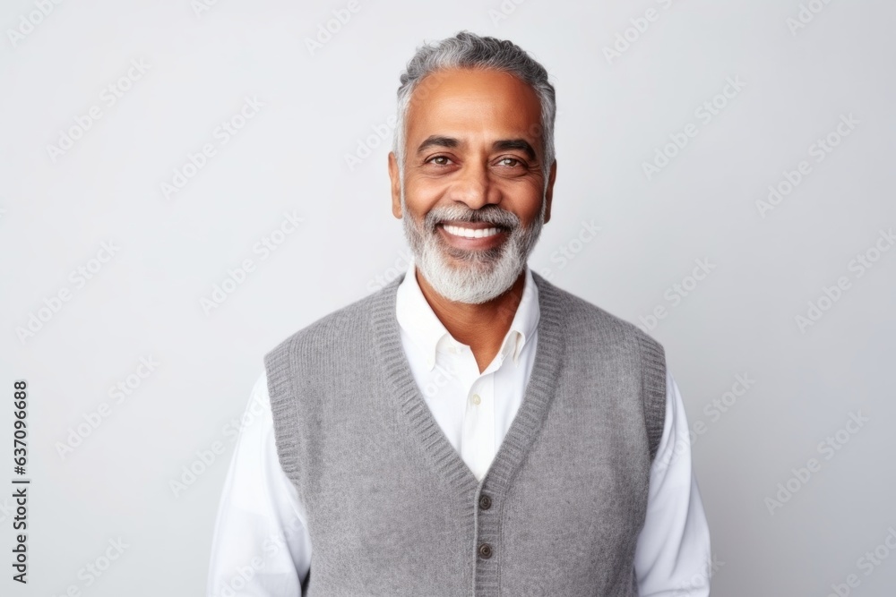 Medium shot portrait of an Indian man in his 50s against a white background Medium shot portrait of an Indian man in his 50s against a white background