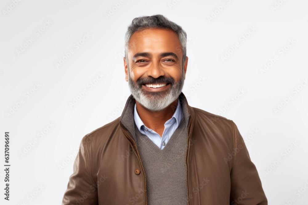 Medium shot portrait of an Indian man in his 50s against a white background Medium shot portrait of an Indian man in his 50s against a white background
