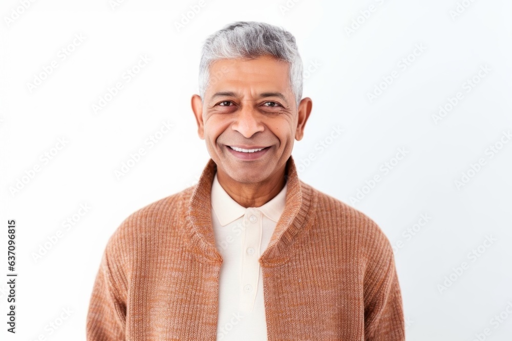Medium shot portrait of an Indian man in his 50s against a white background Medium shot portrait of an Indian man in his 50s against a white background