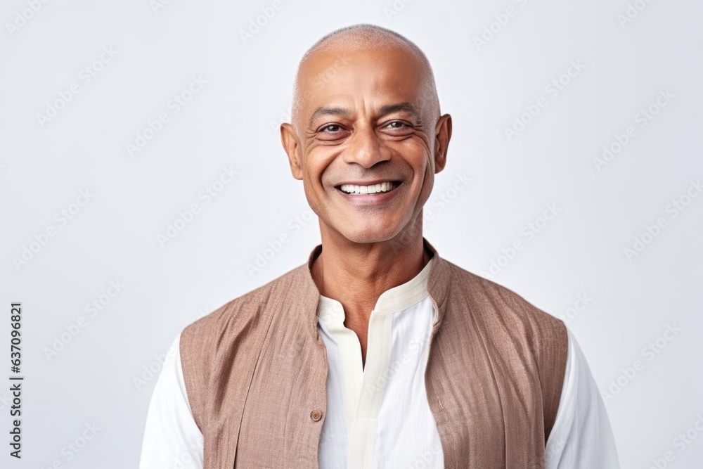 Medium shot portrait of an Indian man in his 50s against a white background Medium shot portrait of an Indian man in his 50s against a white background