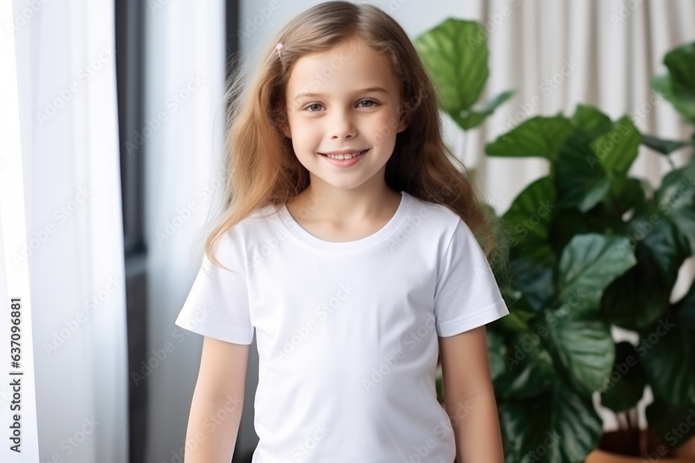 Mockup. Smiling little girl in blank white tshirt indoors. Mock up template for t-shirt design print Mockup. Smiling little girl in blank white tshirt indoors. Mock up template for t-shirt design print