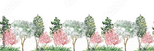 border for site design with plants trees, banner, sketches of landscape design painted with watercolor, © Unig