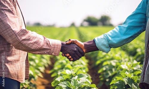 Close-up of African farmers shaking hands on the backg made with Generative AI