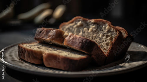 close-up of sliced banana bread on a plate.