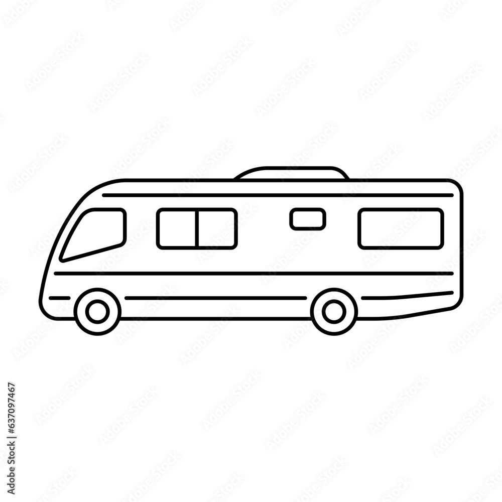 Motorhome icon. Camper, caravan. Black contour linear silhouette. Side view. Editable strokes. Vector simple flat graphic illustration. Isolated object on a white background. Isolate. Motorhome icon. Camper, caravan. Black contour linear silhouette. Side view. Editable strokes. Vector simple flat graphic illustration. Isolated object on a white background. Isolate.