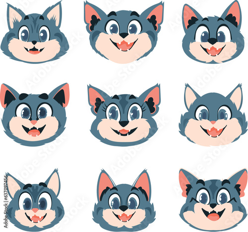 Huge set of clever faces of cats. Cartoon style, Vector Illustration