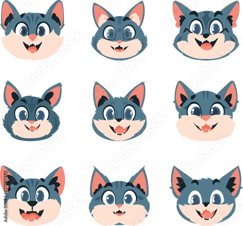 Gigantic set of intelligent faces of cats. Cartoon style  Vector Illustration