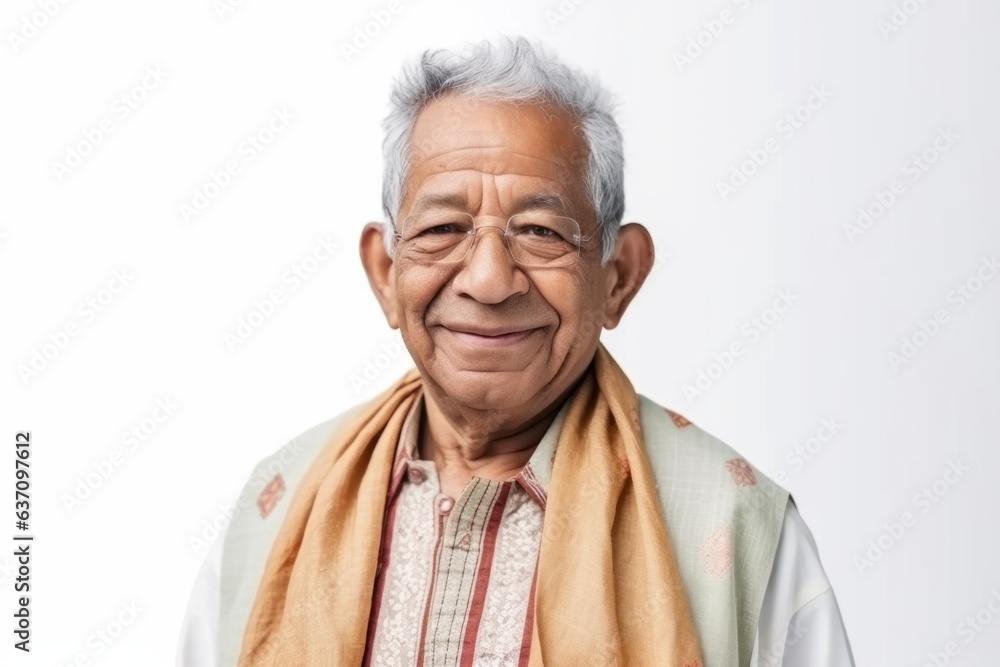 Medium shot portrait of an Indian man in his 70s against a white background Medium shot portrait of an Indian man in his 70s against a white background