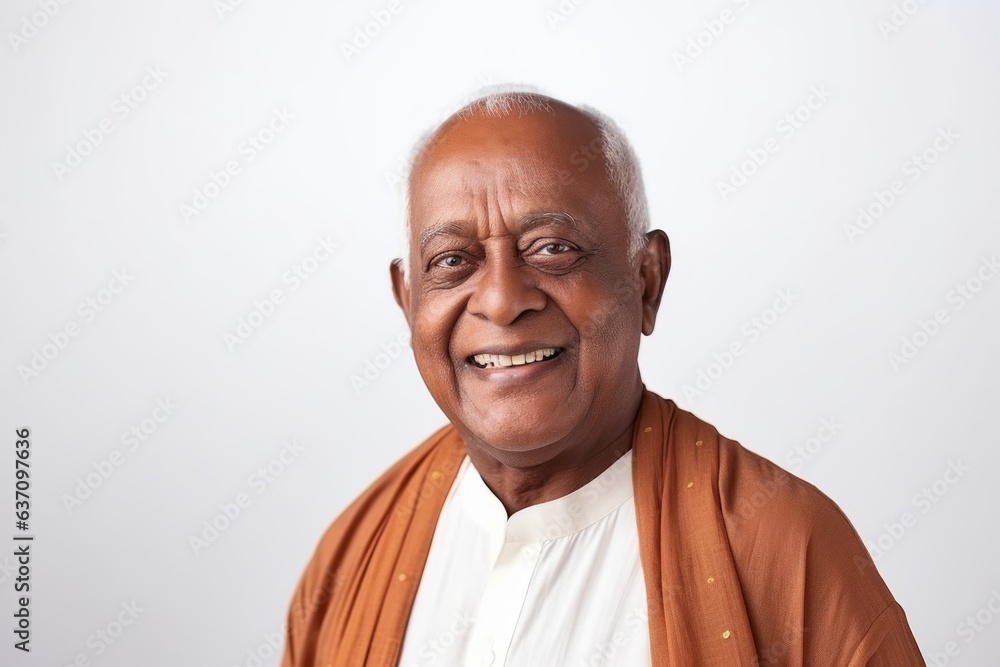 Medium shot portrait of an Indian man in his 80s against a white background Medium shot portrait of an Indian man in his 80s against a white background
