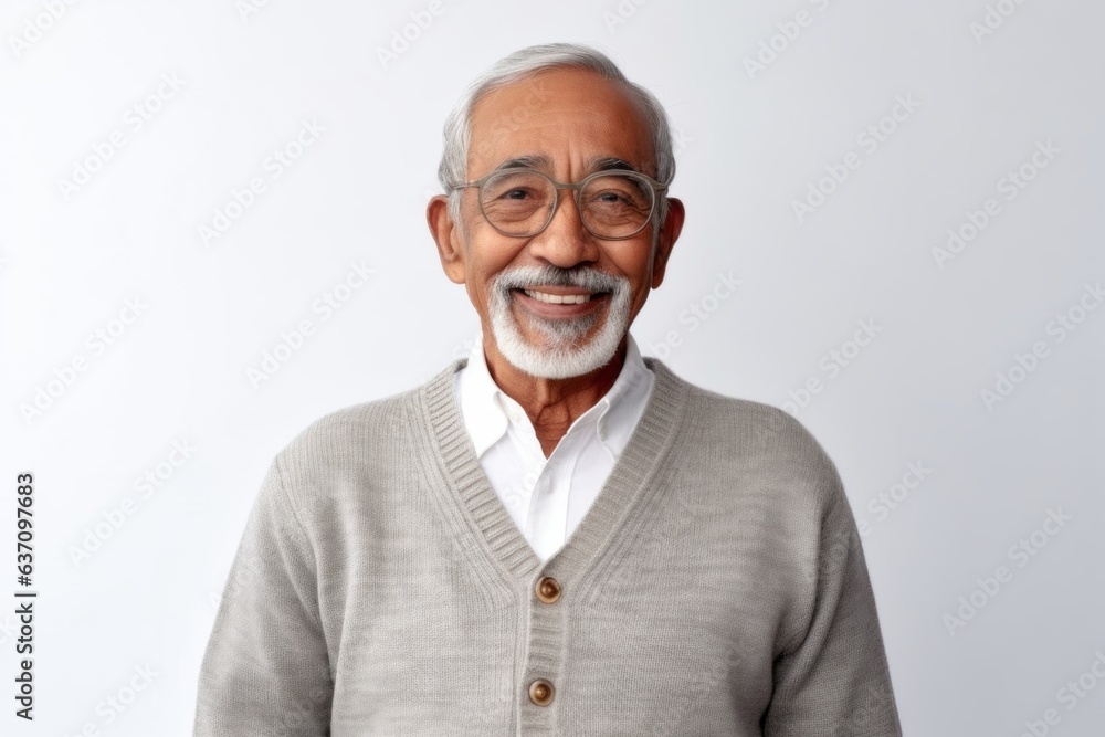 Medium shot portrait of an Indian man in his 80s against a white background Medium shot portrait of an Indian man in his 80s against a white background
