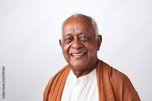 Medium shot portrait of an Indian man in his 80s against a white background