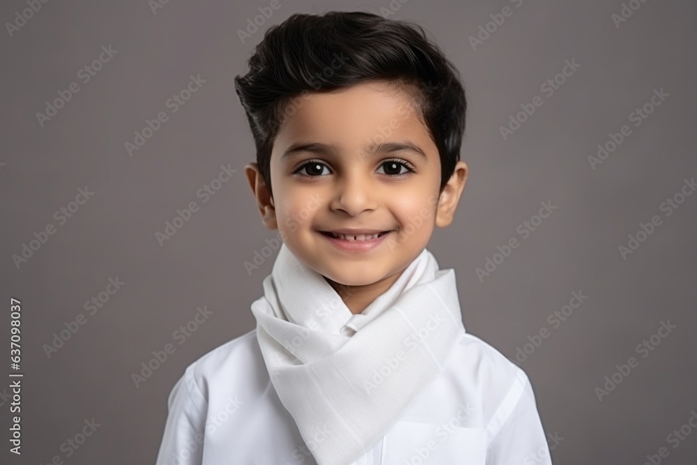 Medium shot portrait of an Indian child male wearing a foulard in a minimalist background Medium shot portrait of an Indian child male wearing a foulard in a minimalist background