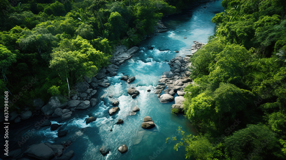 River Flowing Through Lush Green Forest.Generative Ai