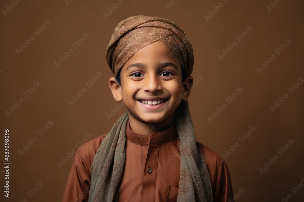 Lifestyle portrait of an Indian child male wearing hijab in a minimalist background Lifestyle portrait of an Indian child male wearing hijab in a minimalist background