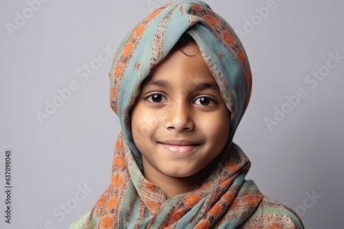 Medium shot portrait of an Indian child male wearing a foulard in a minimalist background