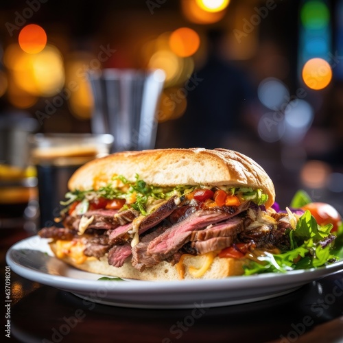 a beef sandwich blurred restaurant in the background