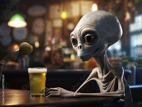 a slim grey alien view from back get drunk at a bar