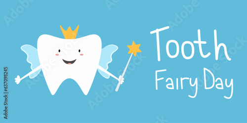 Cartoon Tooth fairy Vector illustration. National Tooth Fairy Day with handwritten text for flyer, banner, Card