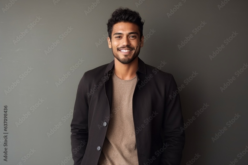 Medium shot portrait of an Indian man in his 20s in a minimalist background