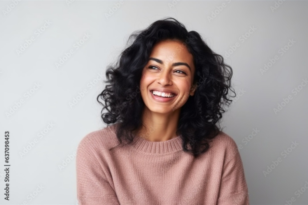 Medium shot portrait of an Indian woman in her 30s in a minimalist background