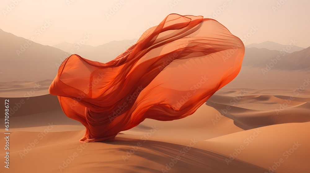 tissu orange en mouvement au milieu du desert, généré par IA - obrazy, fototapety, plakaty 
