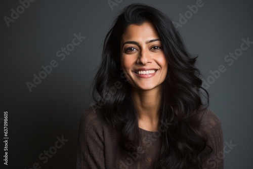 Close-up portrait of an Indian woman in her 30s in a minimalist background