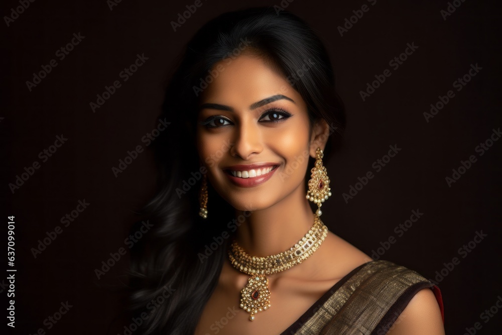 Lifestyle portrait of an Indian woman in her 30s wearing bindi and traditional jewelry in a minimalist background Lifestyle portrait of an Indian woman in her 30s wearing bindi and traditional jewelry in a minimalist background