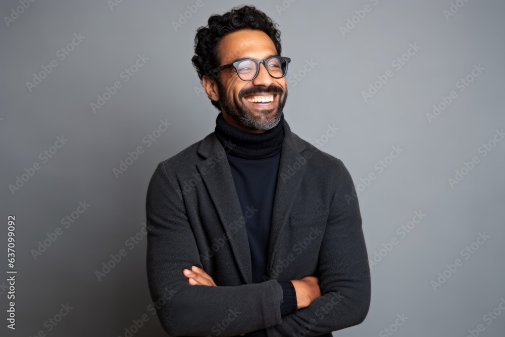 Obraz premium Medium shot portrait of an Indian man in his 30s in a minimalist background