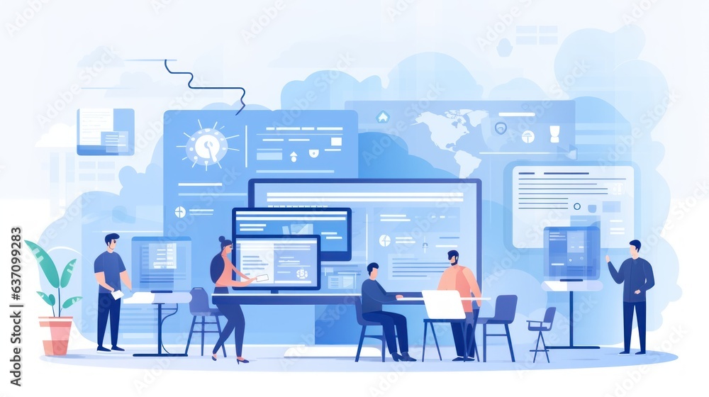 Scene depicting a team of developers working on mobile app development, coding for iOS or Android platforms Scene depicting a team of developers working on mobile app development, coding for iOS or Android platforms
