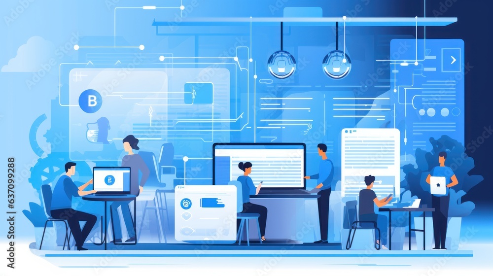 Scene depicting a team of developers working on mobile app development, coding for iOS or Android platforms Scene depicting a team of developers working on mobile app development, coding for iOS or Android platforms