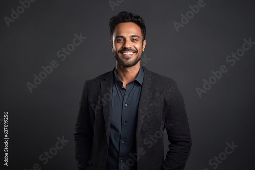 Medium shot portrait of an Indian man in his 30s in a minimalist background