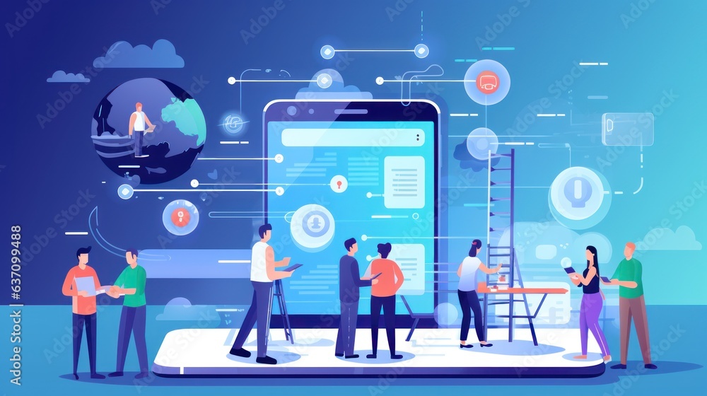 Scene depicting a team of developers working on mobile app development, coding for iOS or Android platforms Scene depicting a team of developers working on mobile app development, coding for iOS or Android platforms