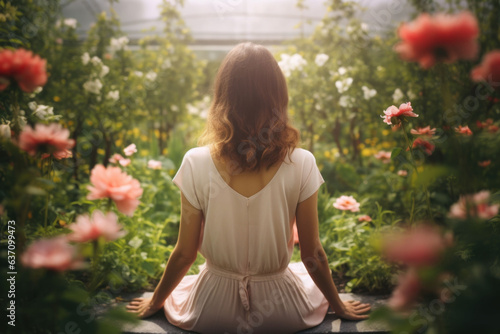 Girl from the back doing yoga in the spring garden. Grass and flower surrounding. AI generated