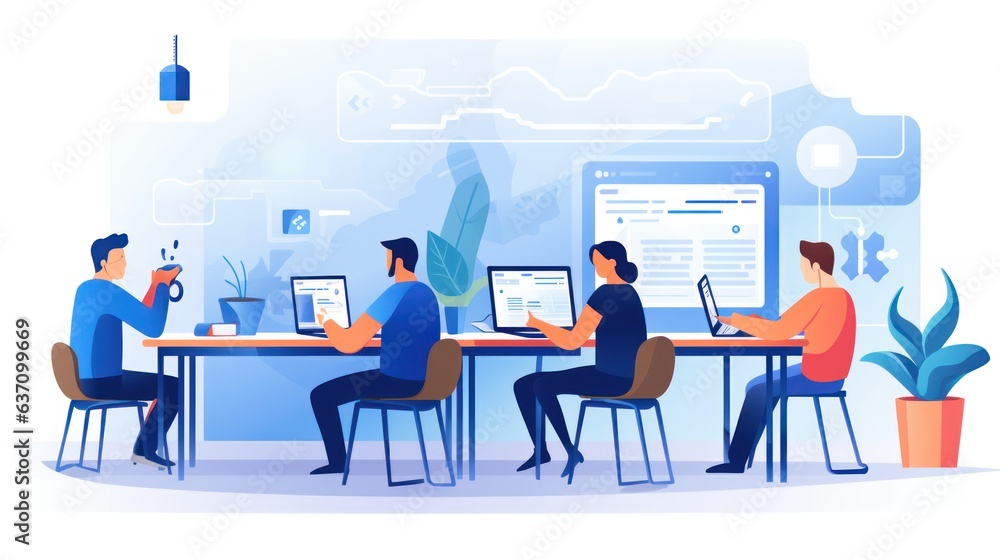 Scene depicting a team of developers working on mobile app development, coding for iOS or Android platforms Scene depicting a team of developers working on mobile app development, coding for iOS or Android platforms