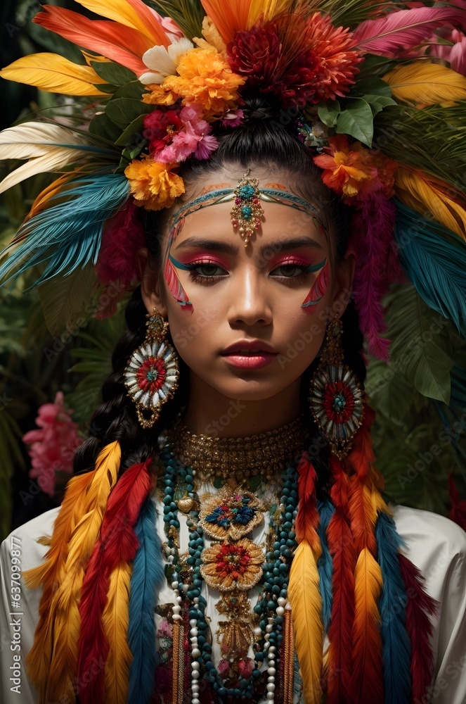 A woman wearing a vibrant feathered headdress