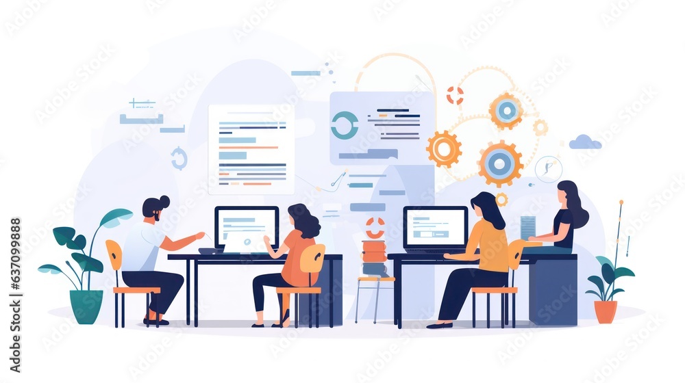Scene depicting a team of developers working on mobile app development, coding for iOS or Android platforms Scene depicting a team of developers working on mobile app development, coding for iOS or Android platforms