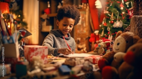 Cute little African-American boy writing a letter to Santa Claus.