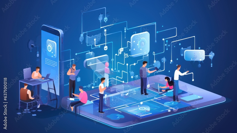 Scene depicting a team of developers working on mobile app development, coding for iOS or Android platforms Scene depicting a team of developers working on mobile app development, coding for iOS or Android platforms