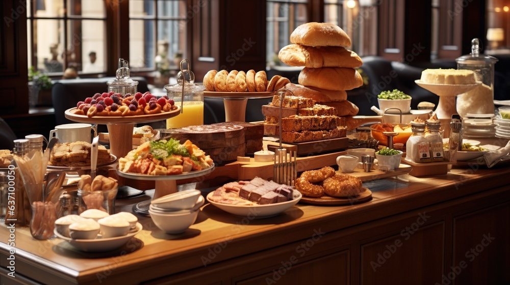  a buffet table with a lot of food on it, including breads and pastries.  generative ai