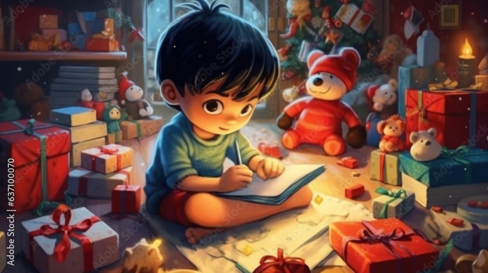Little boy writing a letter to Santa Claus, Christmas and New Year background