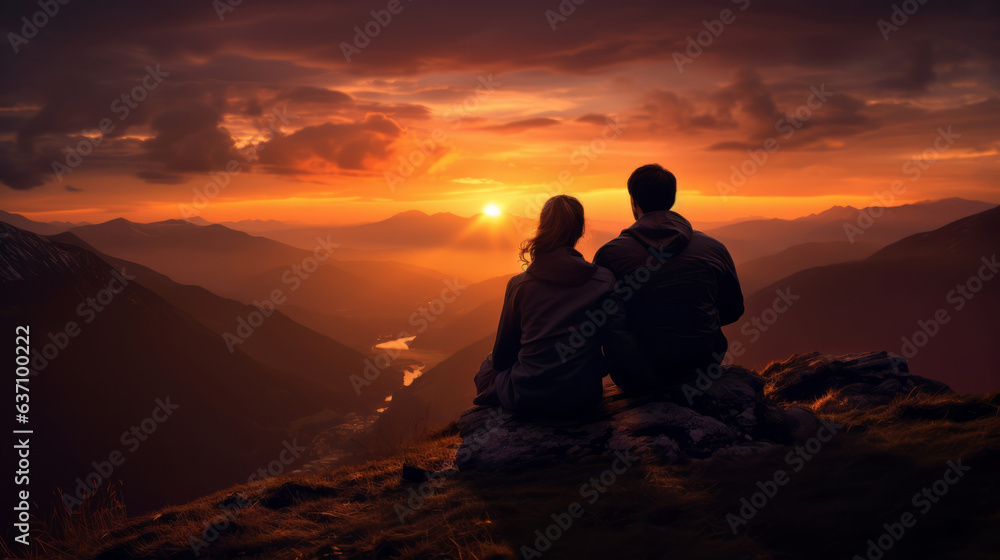 Couple watching Sunset on Mountain Couple watching Sunset on Mountain