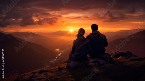 Couple watching Sunset on Mountain