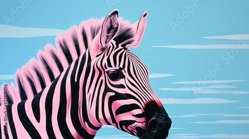  a painting of a zebra with a blue sky in the background. generative ai