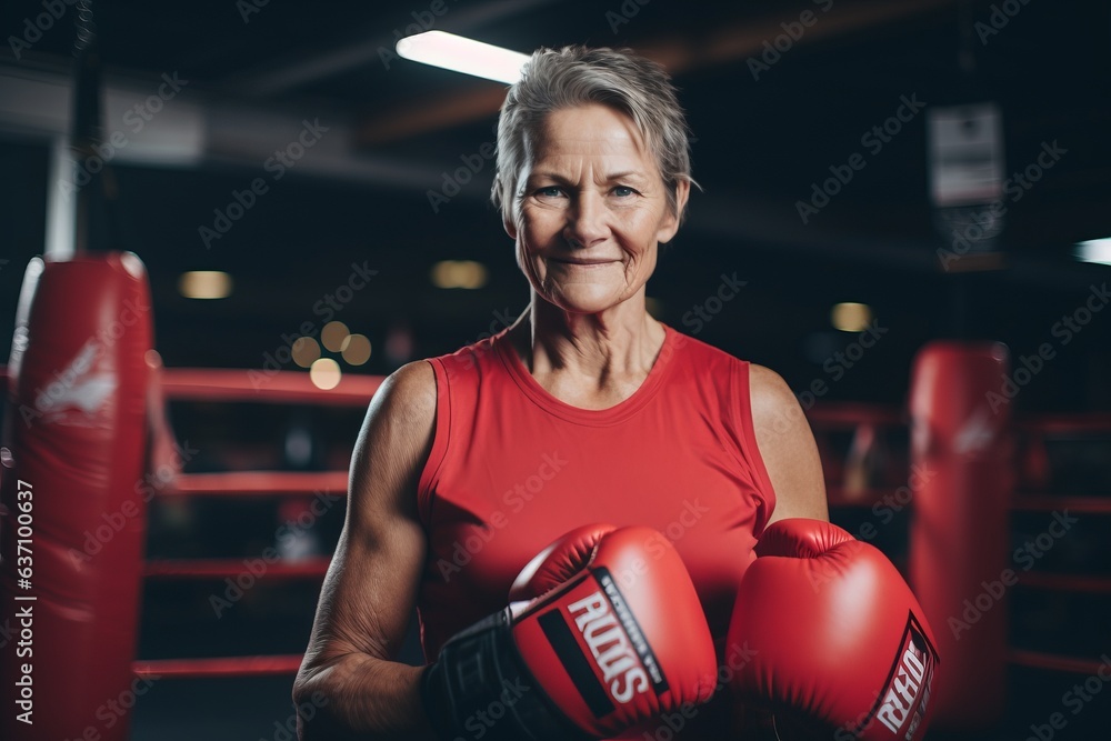 Portrait of senior woman with boxing gloves in boxing ring at gym - obrazy, fototapety, plakaty 