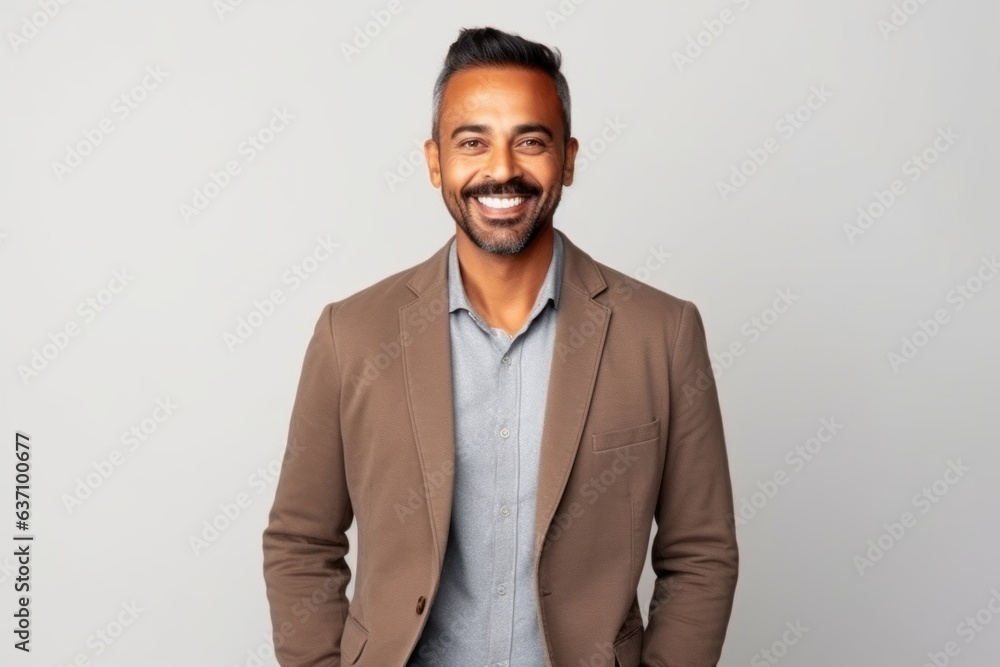 Medium shot portrait of an Indian man in his 40s in a minimalist background Medium shot portrait of an Indian man in his 40s in a minimalist background