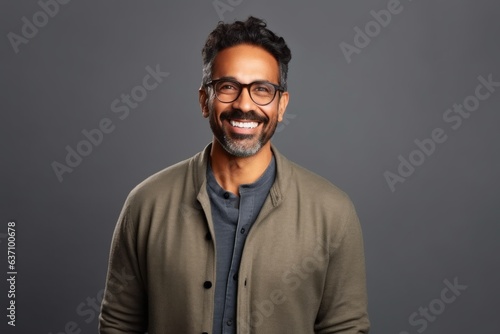 Medium shot portrait of an Indian man in his 40s in a minimalist background